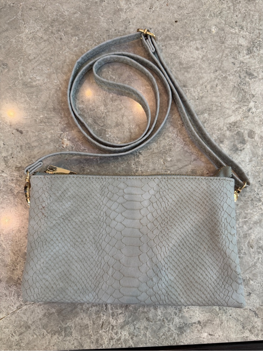 Snake-Embossed Grey Crossbody Bag with Gold Hardware